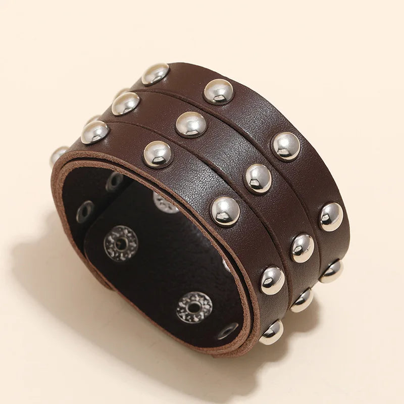 Wide Metal Men's Bracelet Wrap Leather Wristband Adjustable Bracelet&Bangle