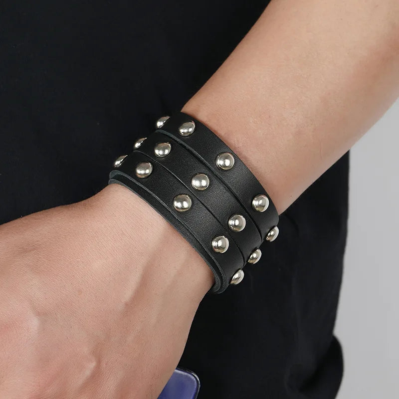 Wide Metal Men's Bracelet Wrap Leather Wristband Adjustable Bracelet&Bangle