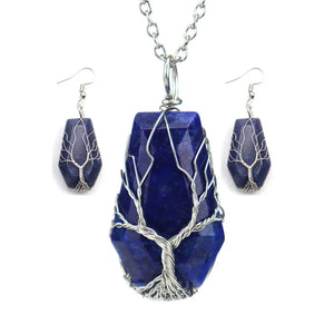 Vintage Natural Stone Pendant Necklace Earrings Set Hexahedron Tree Of Life