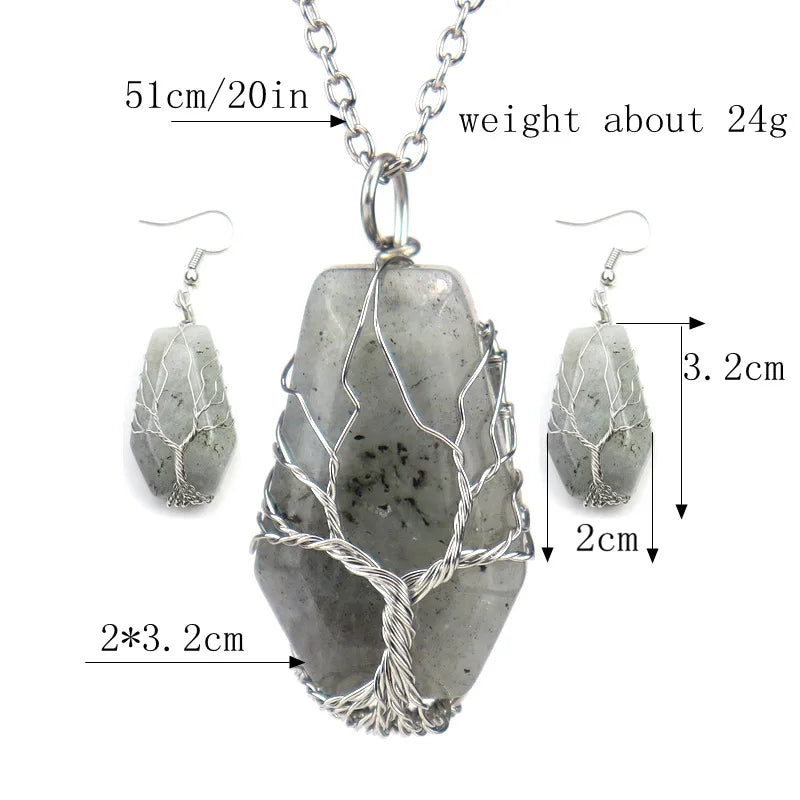 Vintage Natural Stone Pendant Necklace Earrings Set Hexahedron Tree Of Life