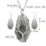 Vintage Natural Stone Pendant Necklace Earrings Set Hexahedron Tree Of Life