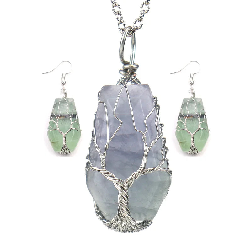 Vintage Natural Stone Pendant Necklace Earrings Set Hexahedron Tree Of Life