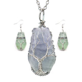 Vintage Natural Stone Pendant Necklace Earrings Set Hexahedron Tree Of Life