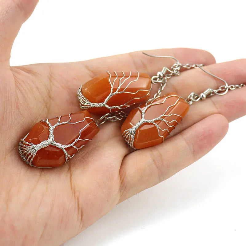 Vintage Natural Stone Pendant Necklace Earrings Set Hexahedron Tree Of Life