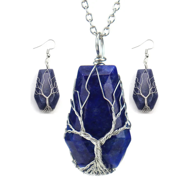Vintage Natural Stone Pendant Necklace Earrings Set Hexahedron Tree Of Life