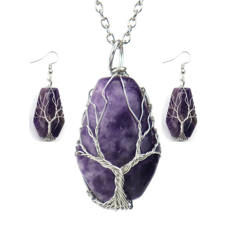 Vintage Natural Stone Pendant Necklace Earrings Set Hexahedron Tree Of Life