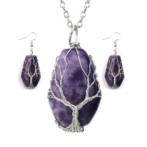 Vintage Natural Stone Pendant Necklace Earrings Set Hexahedron Tree Of Life