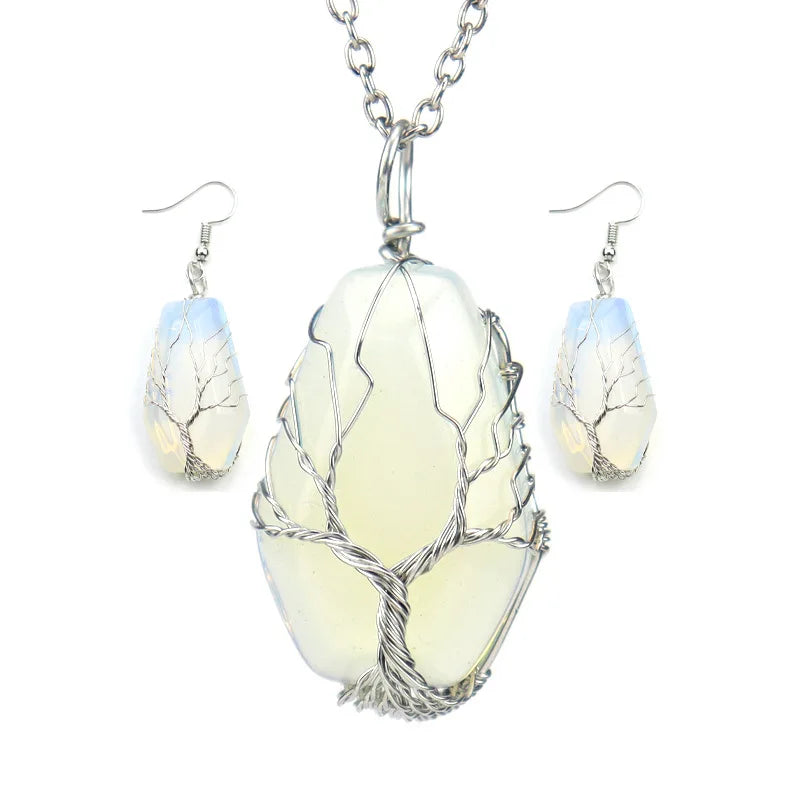 Vintage Natural Stone Pendant Necklace Earrings Set Hexahedron Tree Of Life