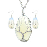 Vintage Natural Stone Pendant Necklace Earrings Set Hexahedron Tree Of Life