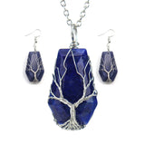 Vintage Natural Stone Pendant Necklace Earrings Set Hexahedron Tree Of Life