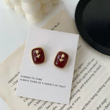 Vintage Wine Red Stone Rose Ear Clips Earrings