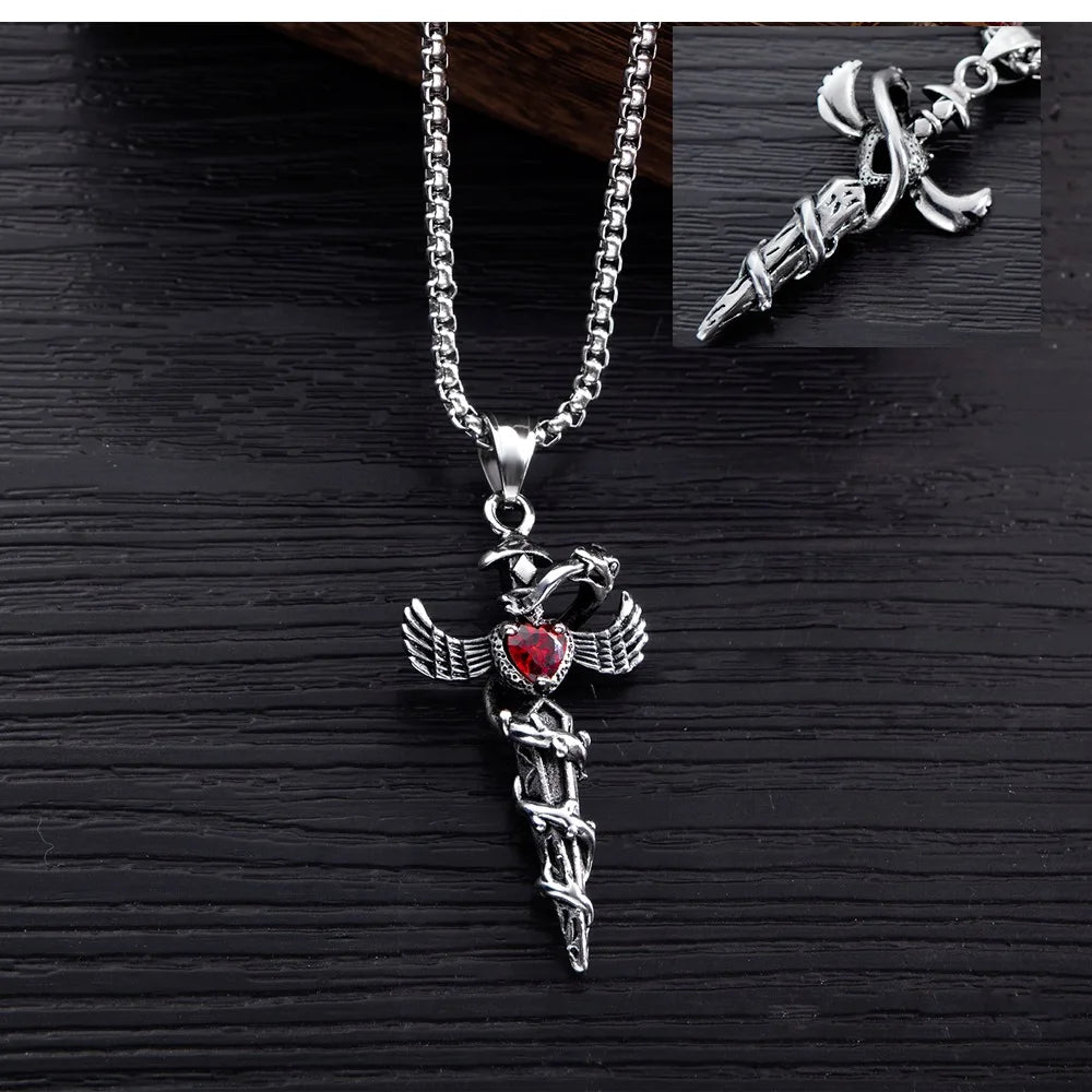 Vintage Wing Cross Pendant Necklace Chain Red Heart Snake Sword