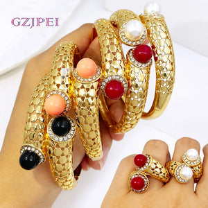Vintage Women Bracelet Rings Set Cuff Bangle With Pearls Jewelry