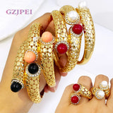 Vintage Women Bracelet Rings Set Cuff Bangle With Pearls Jewelry