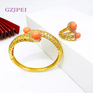 Vintage Women Bracelet Rings Set Cuff Bangle With Pearls Jewelry