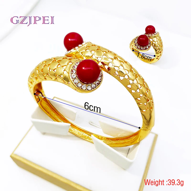Vintage Women Bracelet Rings Set Cuff Bangle With Pearls Jewelry