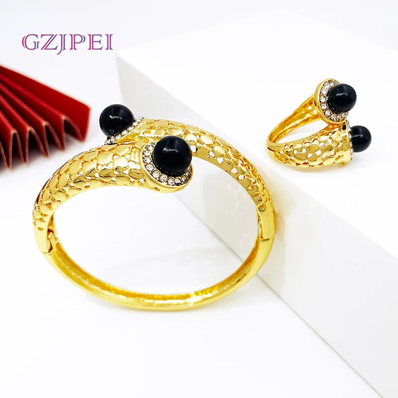 Vintage Women Bracelet Rings Set Cuff Bangle With Pearls Jewelry