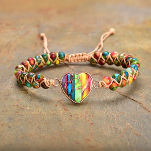Vintage Natural Stone Heart Charm Bracelet Beaded Chakra Friendship Femme