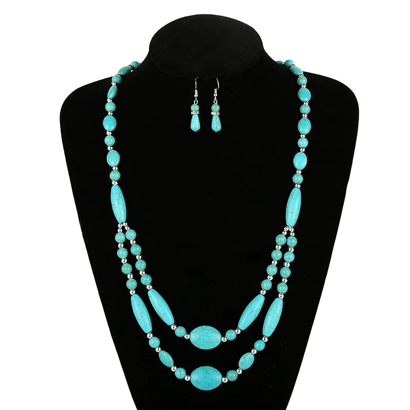Vintage Turquoise Beaded Necklace National Wind Women Jewelry