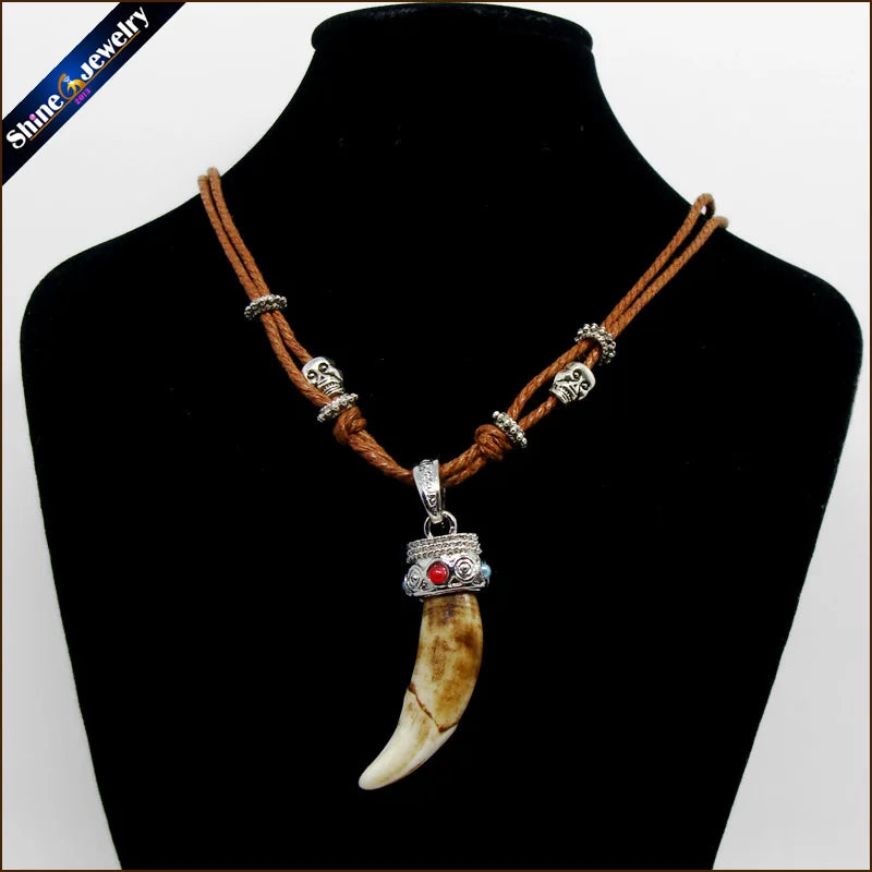 Vintage Wolf Teeth Pendant Surfer Rope Necklace