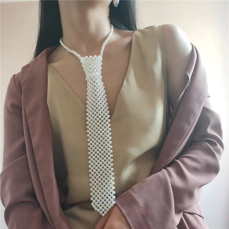 Vintage Women Pearl Bow Tie Beaded Bib Jewelry Clothes Shirt