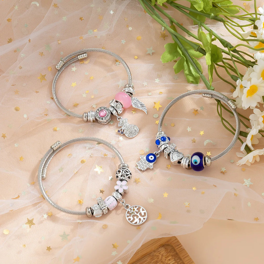 Vintage Women's Open Eye Bracelet with Cartoon Blessing Bag Pendant