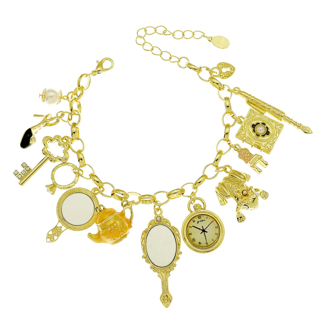 Vintage Wonderland Mirror Charms Beads Link Chain Crystal Bangle Bracelets