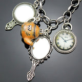 Vintage Wonderland Mirror Charms Beads Link Chain Crystal Bangle Bracelets
