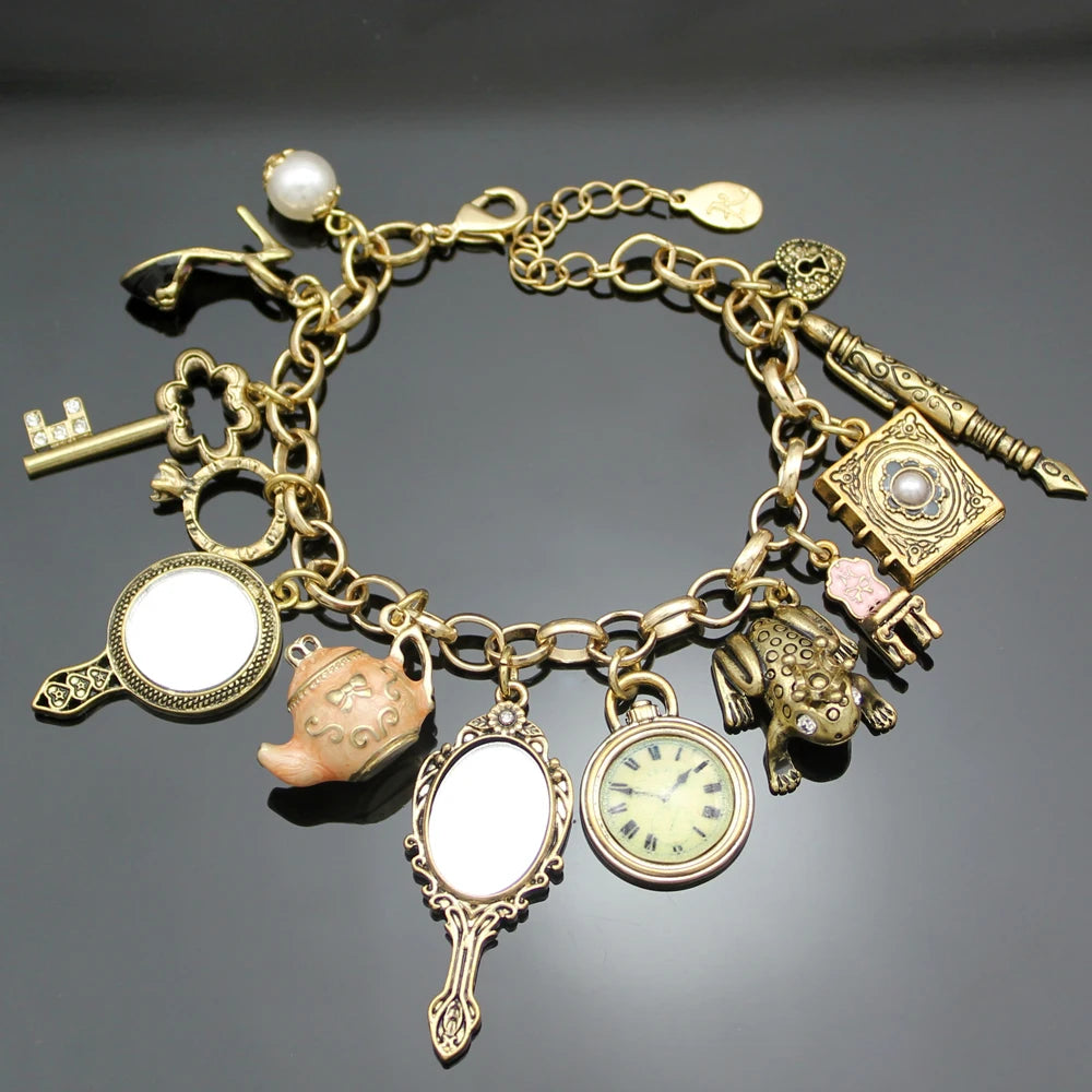 Vintage Wonderland Mirror Charms Beads Link Chain Crystal Bangle Bracelets