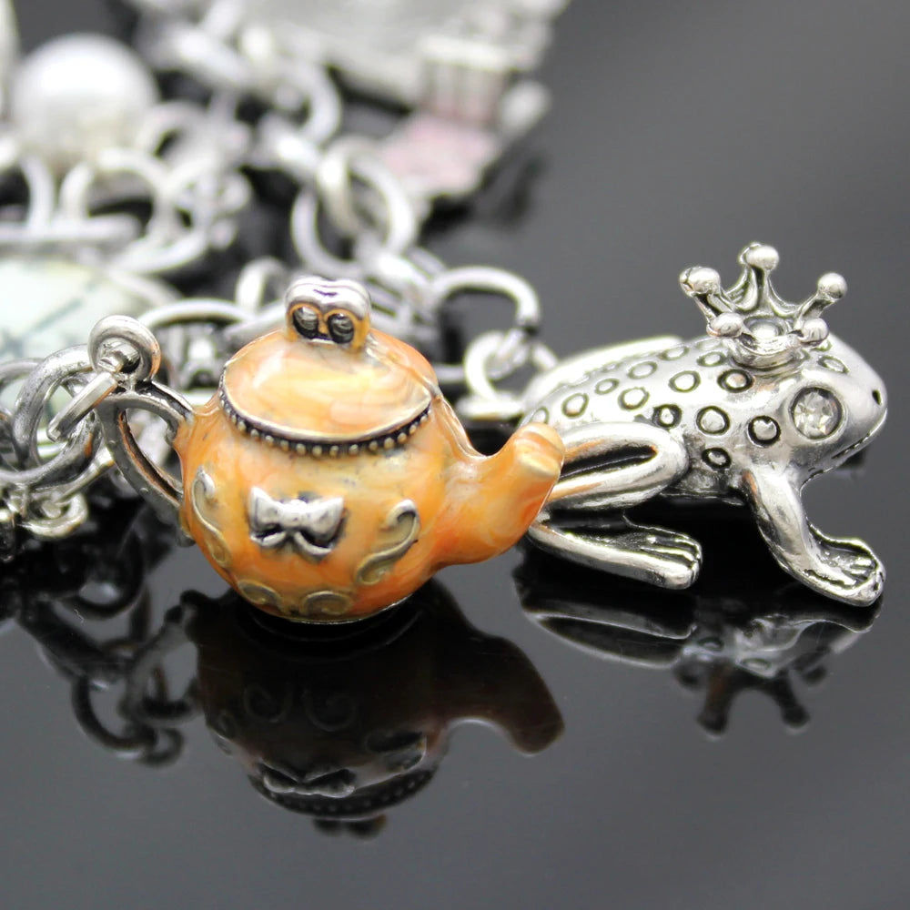 Vintage Wonderland Mirror Charms Beads Link Chain Crystal Bangle Bracelets