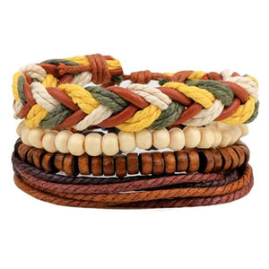 Vintage Wood Beads Bracelet Hand-knitted Multi-layer Leather Feather Stone Brace