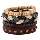 Vintage Wood Beads Bracelet Hand-knitted Multi-layer Leather Feather Stone Brace