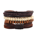 Vintage Wood Beads Bracelet Hand-knitted Multi-layer Leather Feather Stone Brace