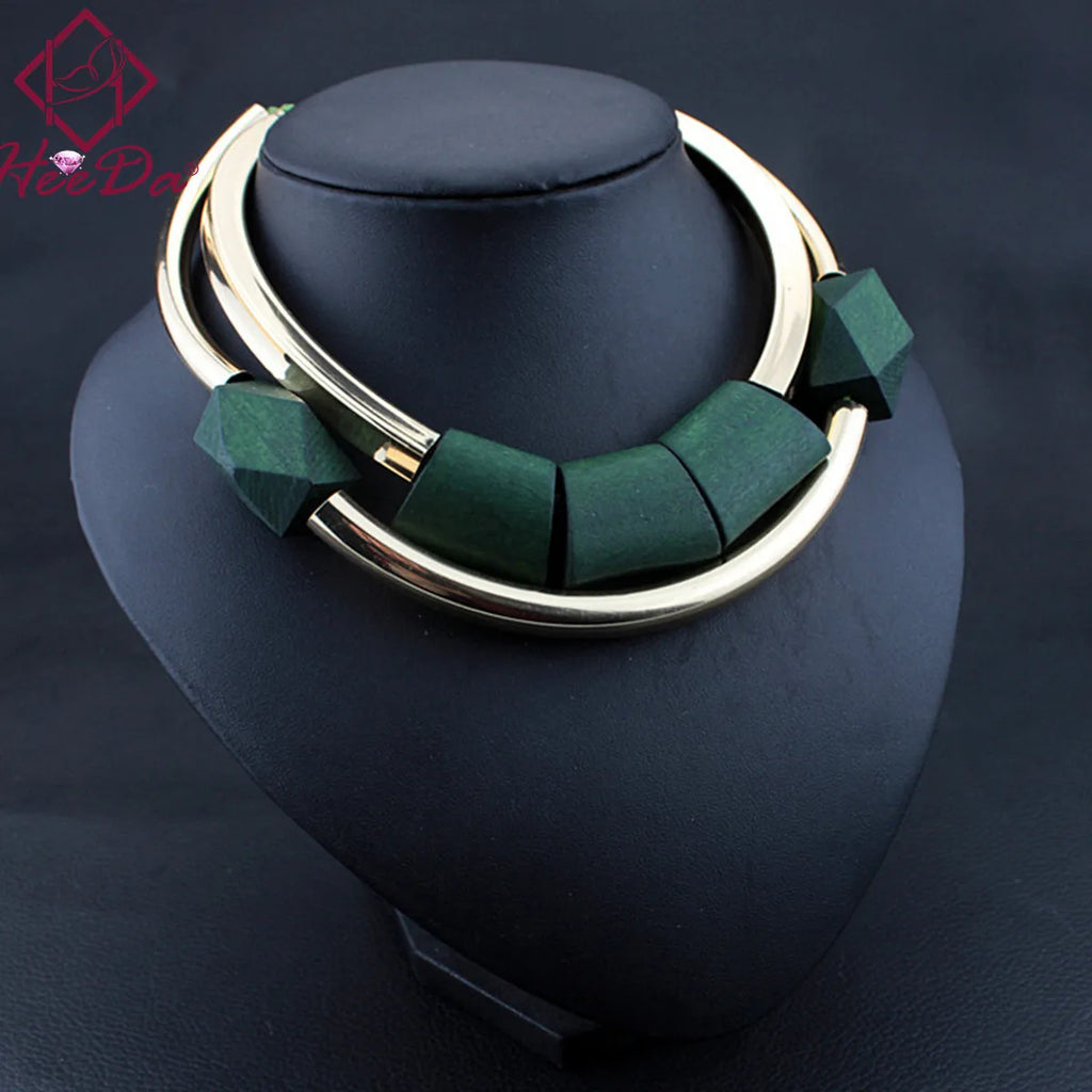 Vintage Wood Beads Pendant Initial Necklace Green Choker Kpop Big Name Bijoux