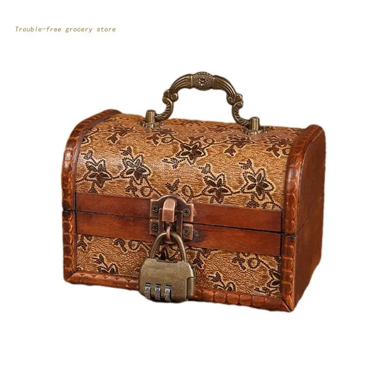 Vintage Wood Jewelry Box with Mini Metal Lock Storage Organizer