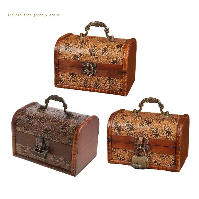 Vintage Wood Jewelry Box with Mini Metal Lock Storage Organizer