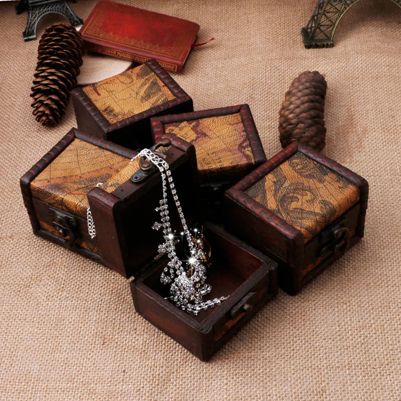 Vintage Wooden Treasure Box Map Embossed Jewelry Box