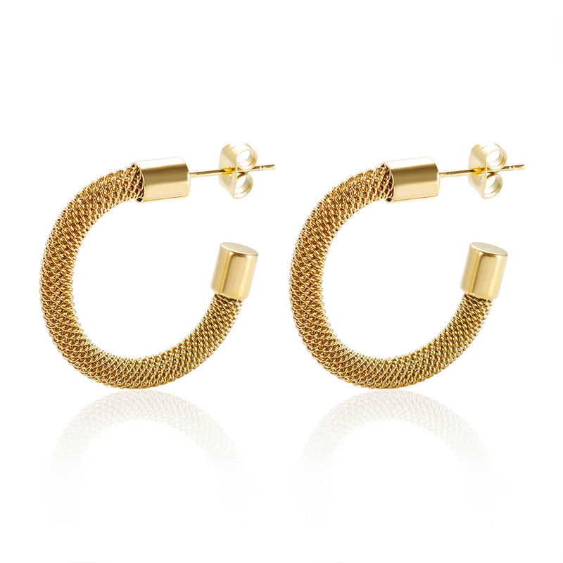Vintage Woven Mesh C Shape Hoop Earrings Waterproof 18K Plated
