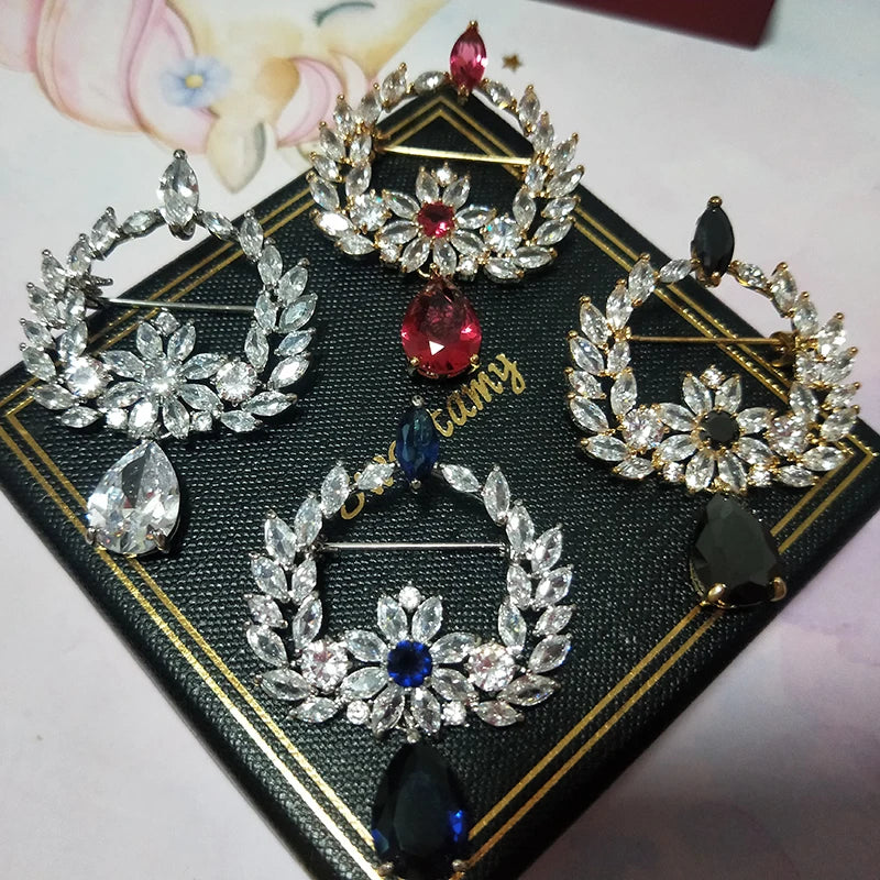 Vintage Wreath Red Yellow Crystal Teardrop Brooch Pin Women Jewelry Zircon