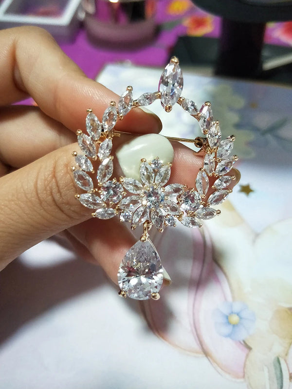 Vintage Wreath Red Yellow Crystal Teardrop Brooch Pin Women Jewelry Zircon