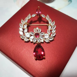 Vintage Wreath Red Yellow Crystal Teardrop Brooch Pin Women Jewelry Zircon