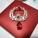 Vintage Wreath Red Yellow Crystal Teardrop Brooch Pin Women Jewelry Zircon