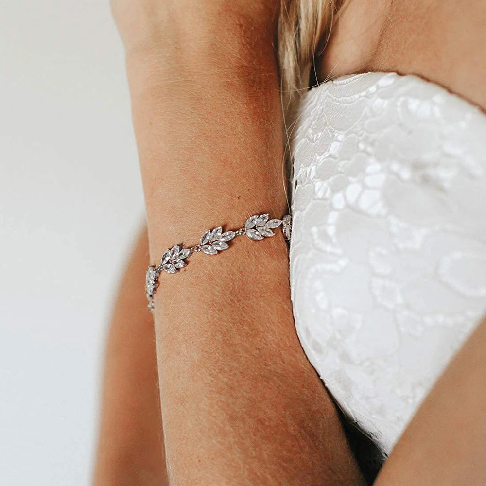 Vintage Zircon Leaf Bracelet Charm Bridesmaid Wedding Crystal Chain