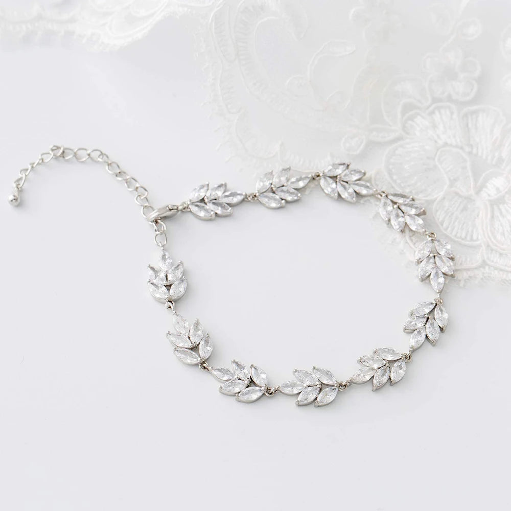 Vintage Zircon Leaf Bracelet Charm Bridesmaid Wedding Crystal Chain