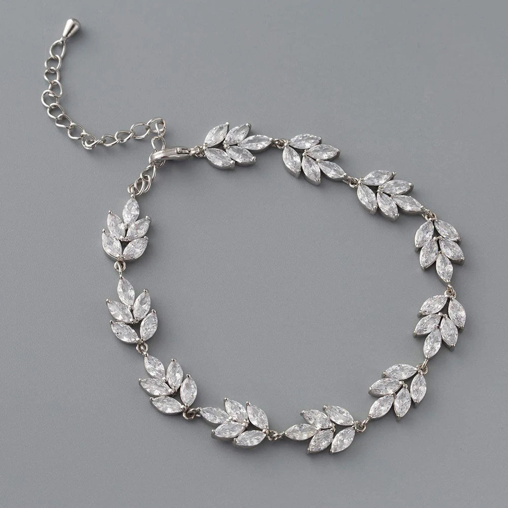 Vintage Zircon Leaf Bracelet Charm Bridesmaid Wedding Crystal Chain