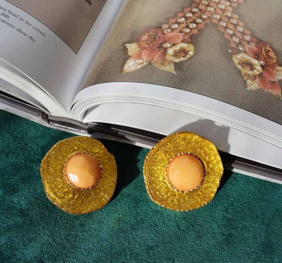 Vintage Enamel Orange Sun Flower Court Earrings for Women Large Earclip