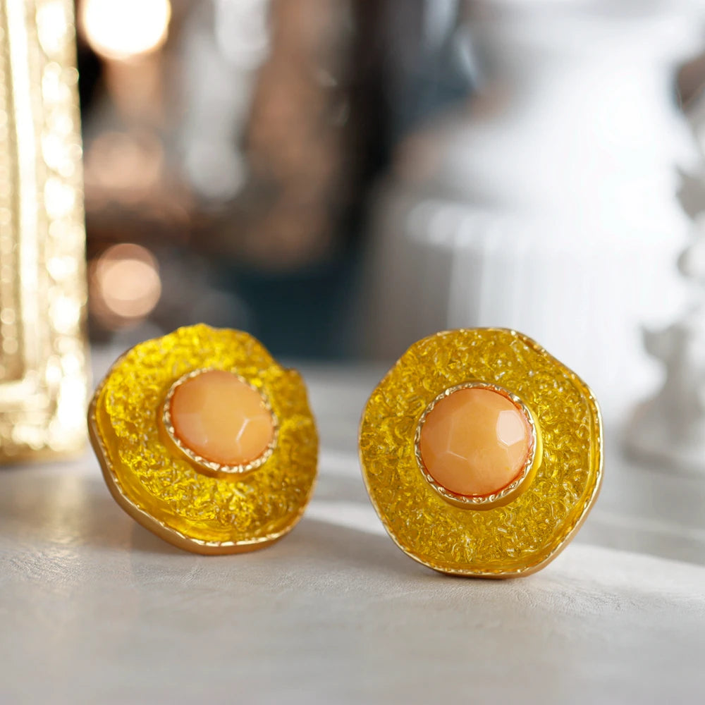 Vintage Enamel Orange Sun Flower Court Earrings for Women Large Earclip