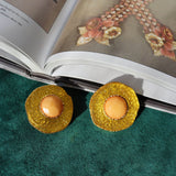 Vintage Enamel Orange Sun Flower Court Earrings for Women Large Earclip