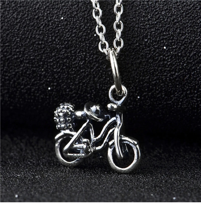 Vintage 925 Silver Bike Pendant Necklace for Friend