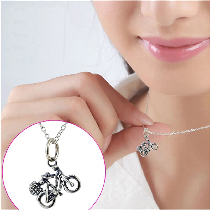 Vintage 925 Silver Bike Pendant Necklace for Friend